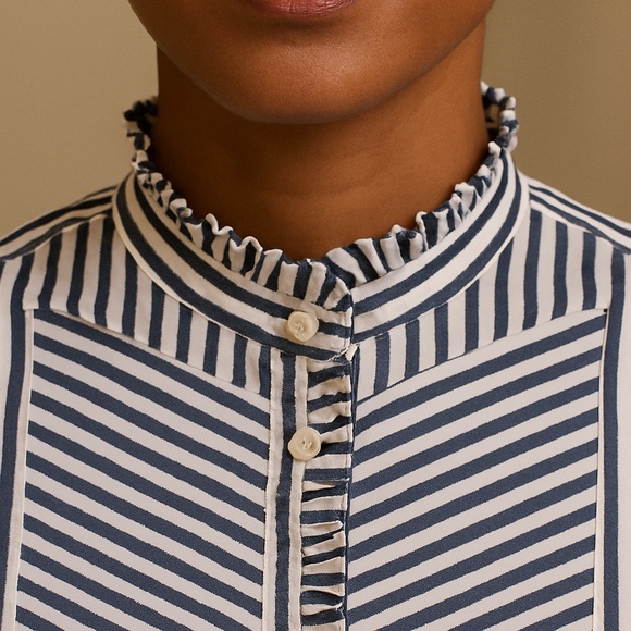 J.Crew tuxedo shirt Navy White Stripe Ruffle Size XS - Picture 4 of 15